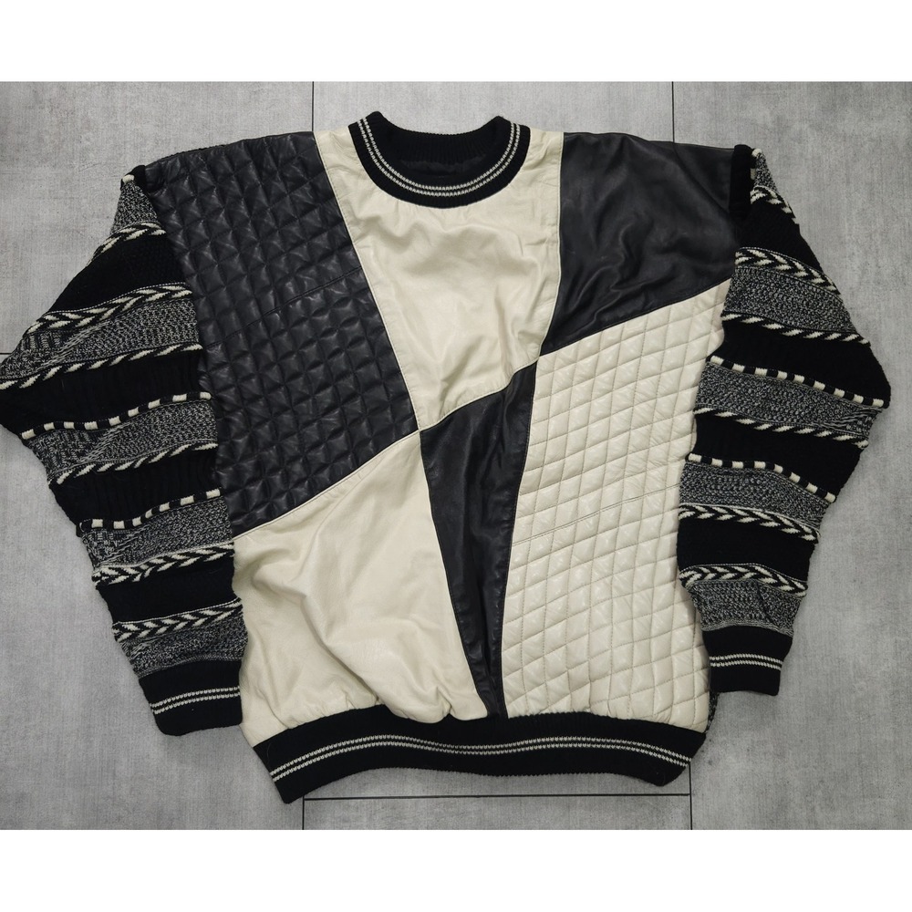 Bagazio Mens Vintage Leather Patchwork Knit Sweater Black Cream XL Quilted Mixed